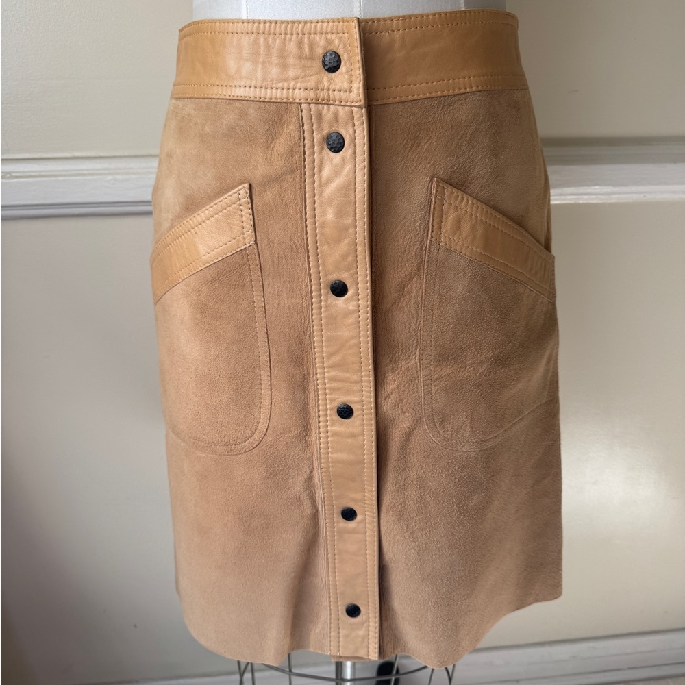 Vintage 70’s suede/leather Reversible A-line Midi Skirt. Snap button front. M
